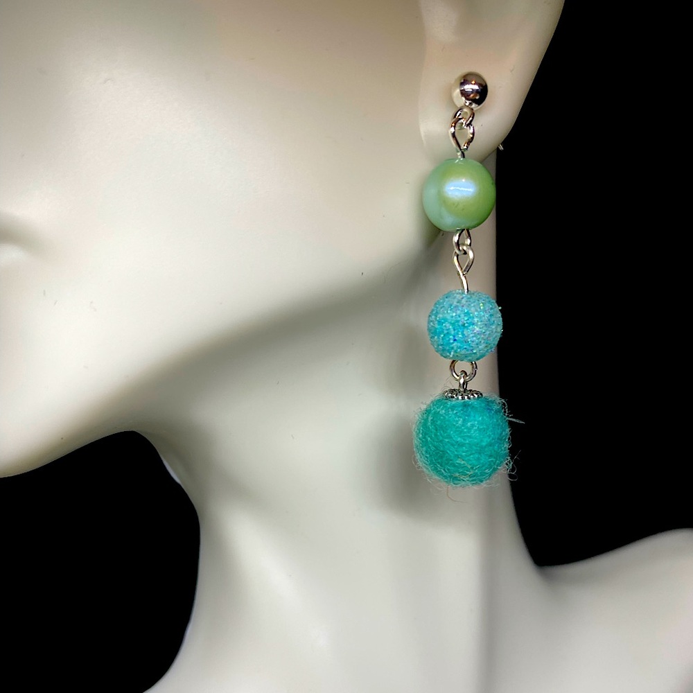 Teal Pom Pom beaded dangle earrings